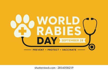 World Rabies Day September 28 Awareness Banner with Stethoscope Heart and Paw Print Flat Vector Illustration, World Rabies Day Veterinary Awareness Poster Featuring Paw Print, Stethoscope and Pet Health Minimal Vector Design, 