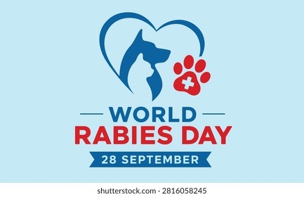 World Rabies Day September 28 Awareness Banner with Dog, Cat and Medical Paw Icon Flat Vector Illustration, World Rabies Day Pet Vaccination Awareness Poster Featuring Heart Outline, Dog, Cat and Paw Print Minimal Veterinary Vector Design, 