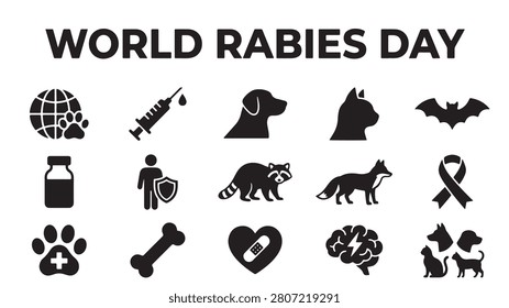 World rabies day vector graphic illustration set featuring black flat icons of animals like dogs cats bats raccoons and foxes alongside medical symbols including syringes vaccine vials paw prints with crosses and awareness ribbons designed for public health awareness campaigns and veterinary medicine educational outreach digital media projects