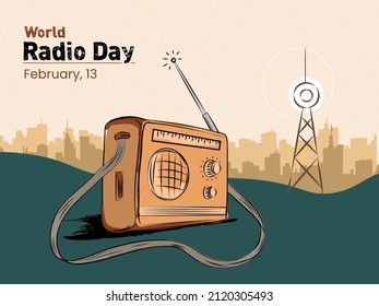 World Radio Day (13th February), hand drawn flat line-art Vector Illustration.