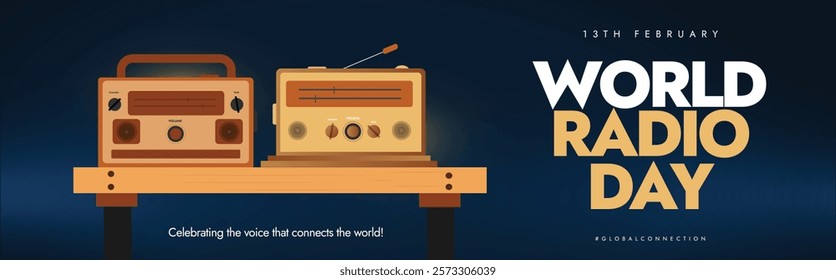 World Radio Day. Radio Day 13th February celebration social media cover or banner. Two radios set up on the wooden table with a dark background. Radio Vector illustration. 