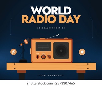 World Radio Day. 13th February radio day awareness social media poster with radio on the wooden table with a mic and a heart on dark background. Radio vector illustration. FM show