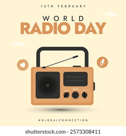 World Radio Day. 13th February radio day celebration social media post with realistic radio, RJ mic and heart with light background. Radio importance vector illustration.