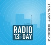 World radio day. 4 February. Radio wave. City silhouette. Poster or banner. Flat design vector illustration.