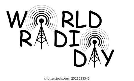 Día Mundial de la Radio. 4 de febrero. Icono de señal de torre. Diseño de cartel o Anuncio sobre fondo amarillo. Ilustración vectorial de diseño plano en texto negro