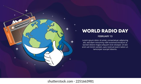 World radio day background with a world globe and radio receiver with a dark sky