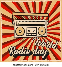 World radio day background in vintage style with grunge textures and radio illustration