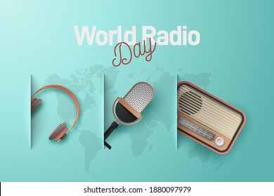 World radio day banner background. Paper cut art style. Premium Vector