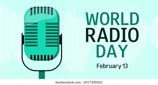 World Radio Day banner. February 13. Retro microphone. Template of greeting card for World music day. Karaoke. Vector illustration.