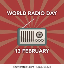 World Radio Day. Blue Retro Radio. Vector Illustrations. Red Backgorund. [2]