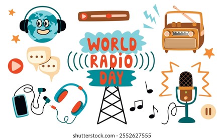 Día Mundial de la Radio colección de dibujos animados de micrófono, receptor, globo, auriculares, teléfono inteligente, burbujas de discurso, notas musicales, Botones de juego y pausa. Diseños de Vector aislados en blanco. Ilustración plana