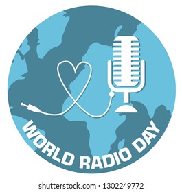 World radio day concept design. Earth Microphone with a wire in the shape of a heart on the white background
