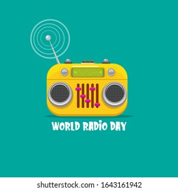 World radio day concept vector illustration with vintage old orange cassette stereo player isolated on turquoise  background. Radio day banner or poster