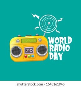 World radio day concept vector illustration with vintage old orange cassette stereo player isolated on turquoise  background. Radio day banner or poster