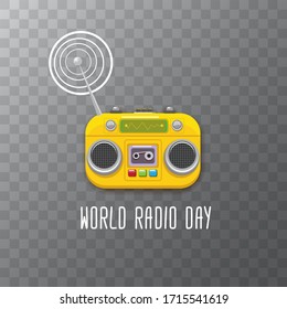 World radio day concept vector illustration with vintage old orange cassette stereo player isolated on transparent background. Radio day banner or poster