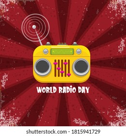 World radio day concept vector illustration with vintage old orange cassette stereo player isolated on red background with rays. Radio day banner or poster