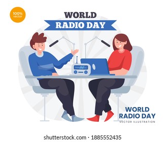 World Radio Day concept vector Illustration idea for landing page template, The girl talking with audience or guest star man. broadcasting with microphone.Flat Styles