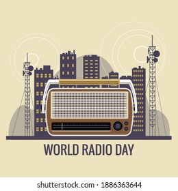 World Radio Day concept vector illustration. Vintage radio with all kinds of entertainment and news broadcasts around the world