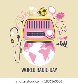 World Radio Day concept vector illustration. Vintage radio with all kinds of entertainment and news broadcasts around the world