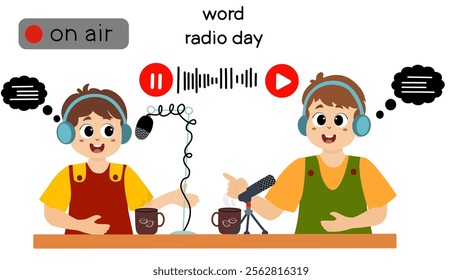 world radio day. World Radio Day concept vector Illustration idea for landing page template. little kids illustration vecator graphic of radio announcer is broadcasting live, perfect for international