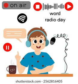 world radio day. World Radio Day concept vector Illustration idea for landing page template. little kids illustration vecator graphic of radio announcer is broadcasting live, perfect for international