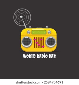 World radio day concept vector illustration with vintage old orange cassette stereo player isolated on grey background. Radio day banner or poster