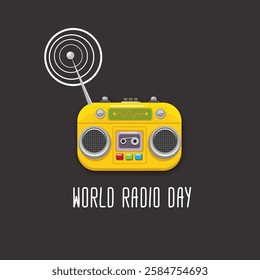 World radio day concept vector illustration with vintage old orange cassette stereo player isolated on grey background. Radio day banner or poster