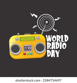 World radio day concept vector illustration with vintage old orange cassette stereo player isolated on grey background. Radio day banner or poster