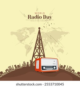 World Radio Day Creative concept background. World Radio Day design for social media posts. 3D Vector Illustration.