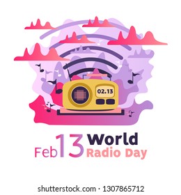 World Radio Day, February 13, colorful design, vector illustration, modern flat cartoon style