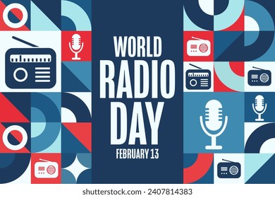 World Radio Day. February 13. Holiday concept. Template for background, banner, card, poster with text inscription. Vector EPS10 illustration