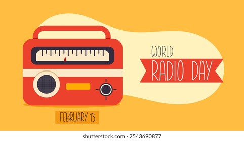 World Radio Day.  February 13.Hand drawn vintage retro radio. Ideal for  banner, social media post, poster, card
