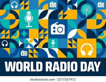 World Radio Day geometric shape pattern background banner or poster design template. observed every year in February. Holiday concept. Use to any Template, card, poster, placard, template.