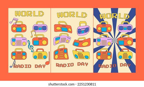 World Radio day with groovy design concept, y2k design, vintage colour COLLECTION