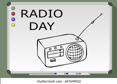 World radio day. Hand drawn vector stock illustration. Black and white whiteboard drawing.