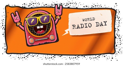 World radio day horizonral banner with vintage radio character with rock hands isolated on white background. Cartoon funny world Radio day banner, label, sign, sticker, poster with radio character