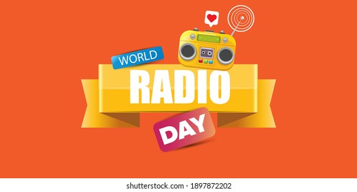 World radio day horizontal banner with vintage old orange cassette stereo player isolated on orange background. Cartoon funky hipster Radio day banner or poster
