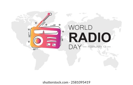 World Radio Day, international holiday card. February 13 graphic poster with earth globe map. Flat design style banner.