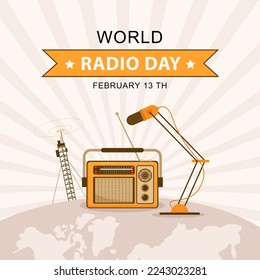 World radio day with radio and microphones retro style. hand drawn flat line-art Vector Illustration.