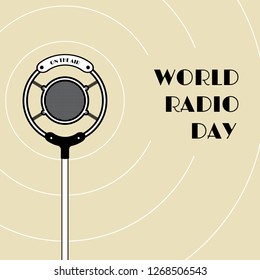 World Radio Day. Old style microphone with waves. Vector illustration.