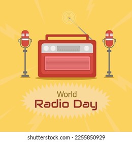 World radio day.  Poster or banner design on yellow background. Flat design vector illustration.