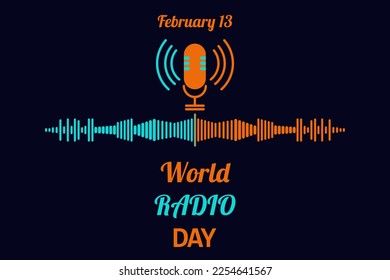 World Radio Day poster with microphone and radio wave icons on dark background. Image in blue orange colors