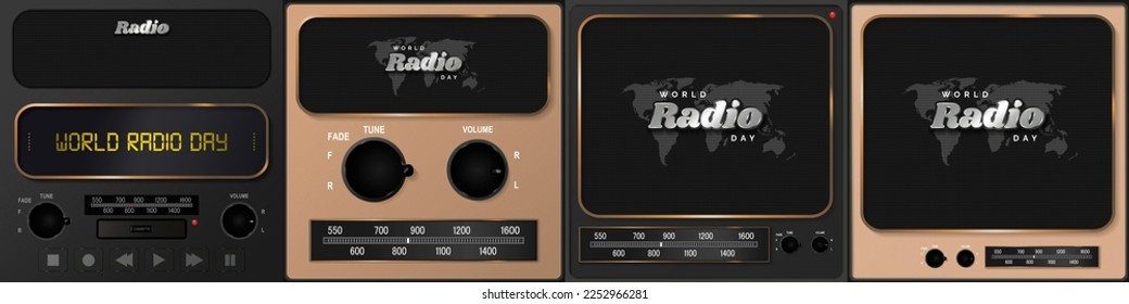 World Radio Day Poster Set Greeting Cards. Radio Speaker mesh with world map white imprint and silver Radio lettering emblem. AM FM Station meter, volume and tuner dials. Vector Illustration. EPS 10