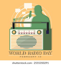 World Radio Day poster with silhouette of a newscaster on the radio