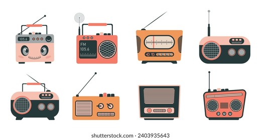 Weltfunktag. Ein Set mit Radios verschiedener Formen und Farben. Set für den Tag der Radio Amateur, Radio-Hörer, Moderator, DJ. Vektorgrafik