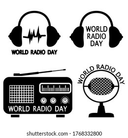 Día mundial de la radio. Conjunto de emblemas vectoriales, etiquetas, insignias y logotipos en estilo glifo. Radio, micrófono, objetos de auriculares aislados en fondo blanco. Ilustración vectorial simple plana