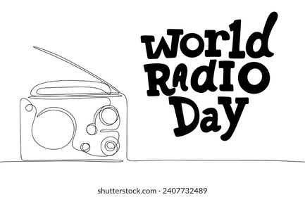 World Radio Day text banner. Handwriting text World Radio Day with line art human brain. Hand drawn vector art.