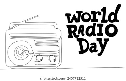 World Radio Day text banner. Handwriting text World Radio Day with line art human brain. Hand drawn vector art.