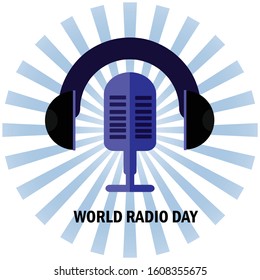 World Radio Day vector with a condenser and headphone, isolated in white background with blue retro