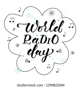 WORLD RADIO DAY-hand drawn typography poster. Celebration quotation for card, postcard, logo, badge. Cartoon style vector illustration.Vector illustration EPS